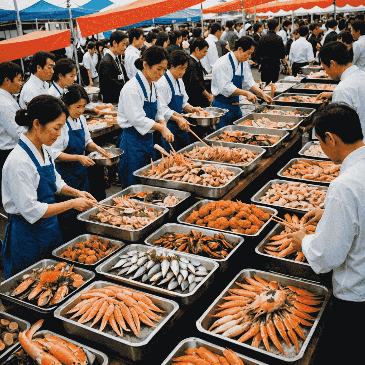 日本の海鮮フェスティバルの様子。新鮮な魚介類が並び、多くの人々が楽しんでいる賑やかな雰囲気