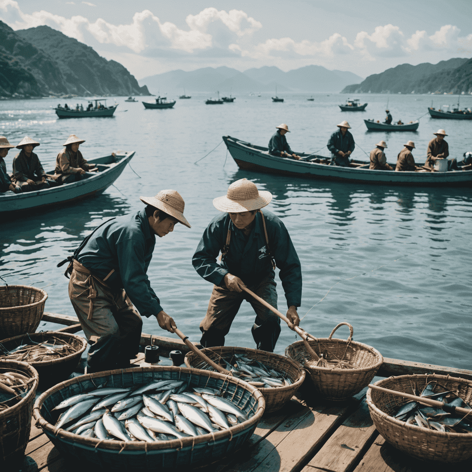 日本の漁師が持続可能な漁法を使用して魚を捕る様子。背景には美しい海と漁船が見える。