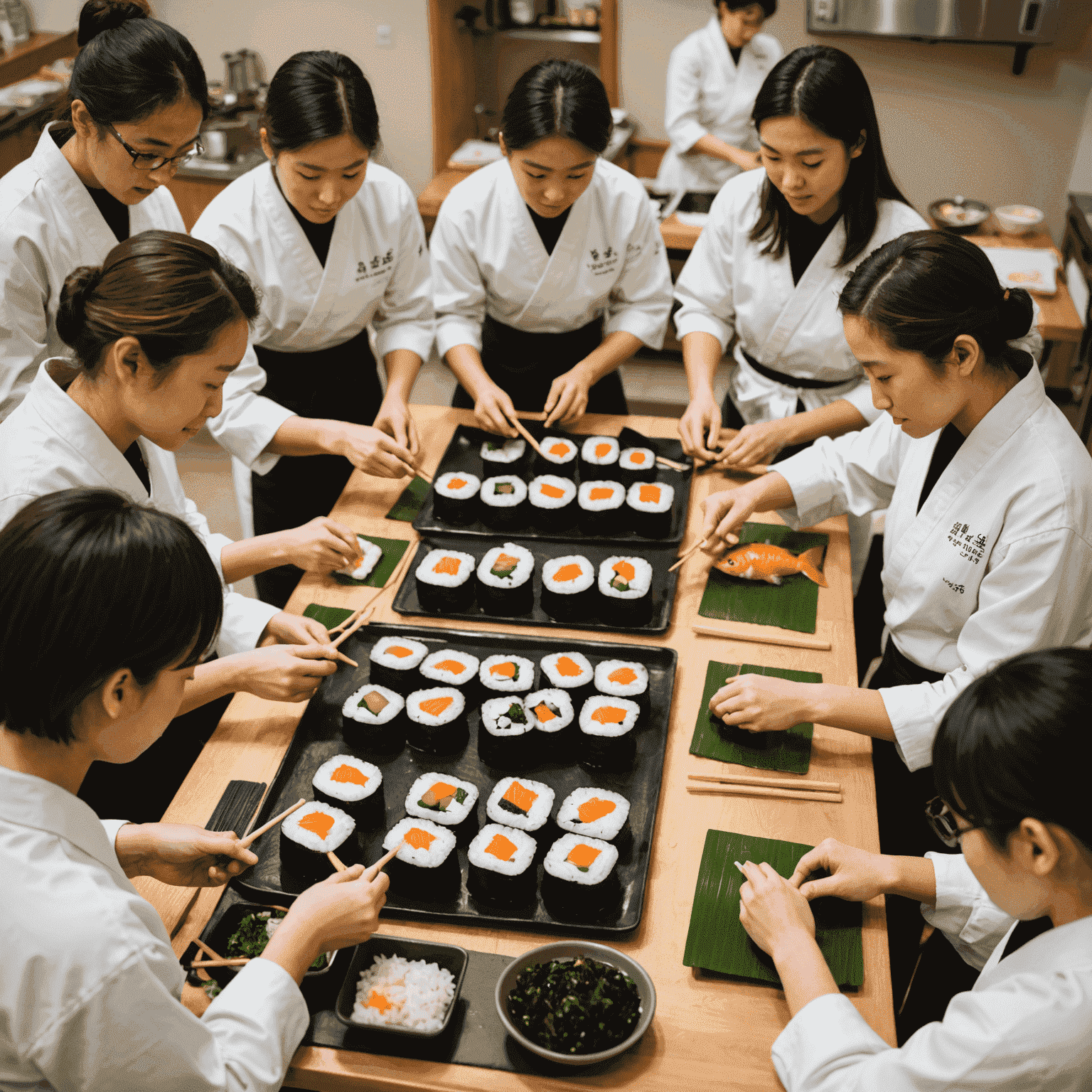 寿司作りのクラスで生徒が寿司を作っている様子。新鮮な魚、海苔、ご飯が並んでいる。