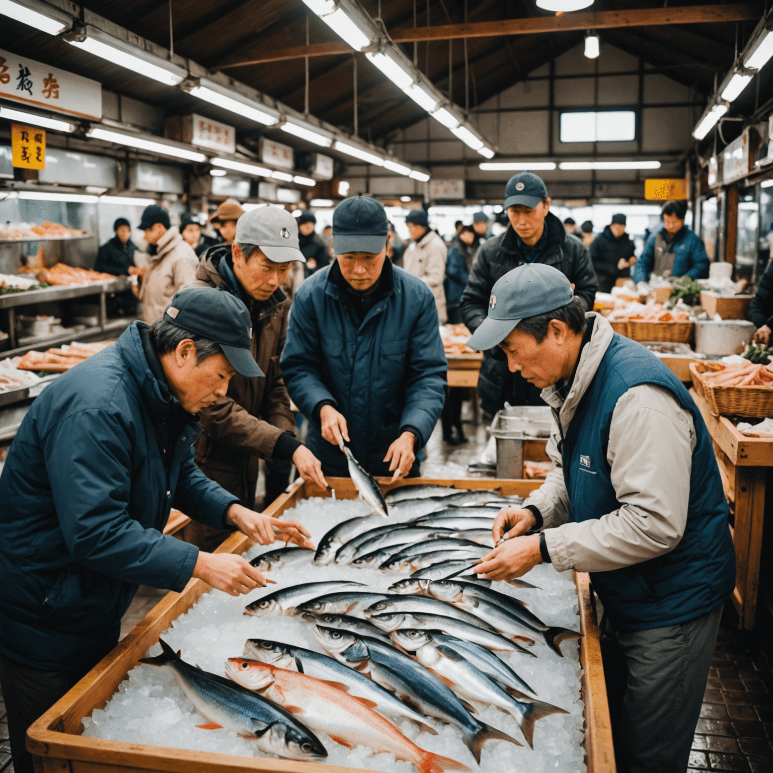 地元の魚市場で新鮮な魚を選ぶ日本人ガイドと観光客のグループ。様々な種類の魚や貝類が氷の上に並べられている。