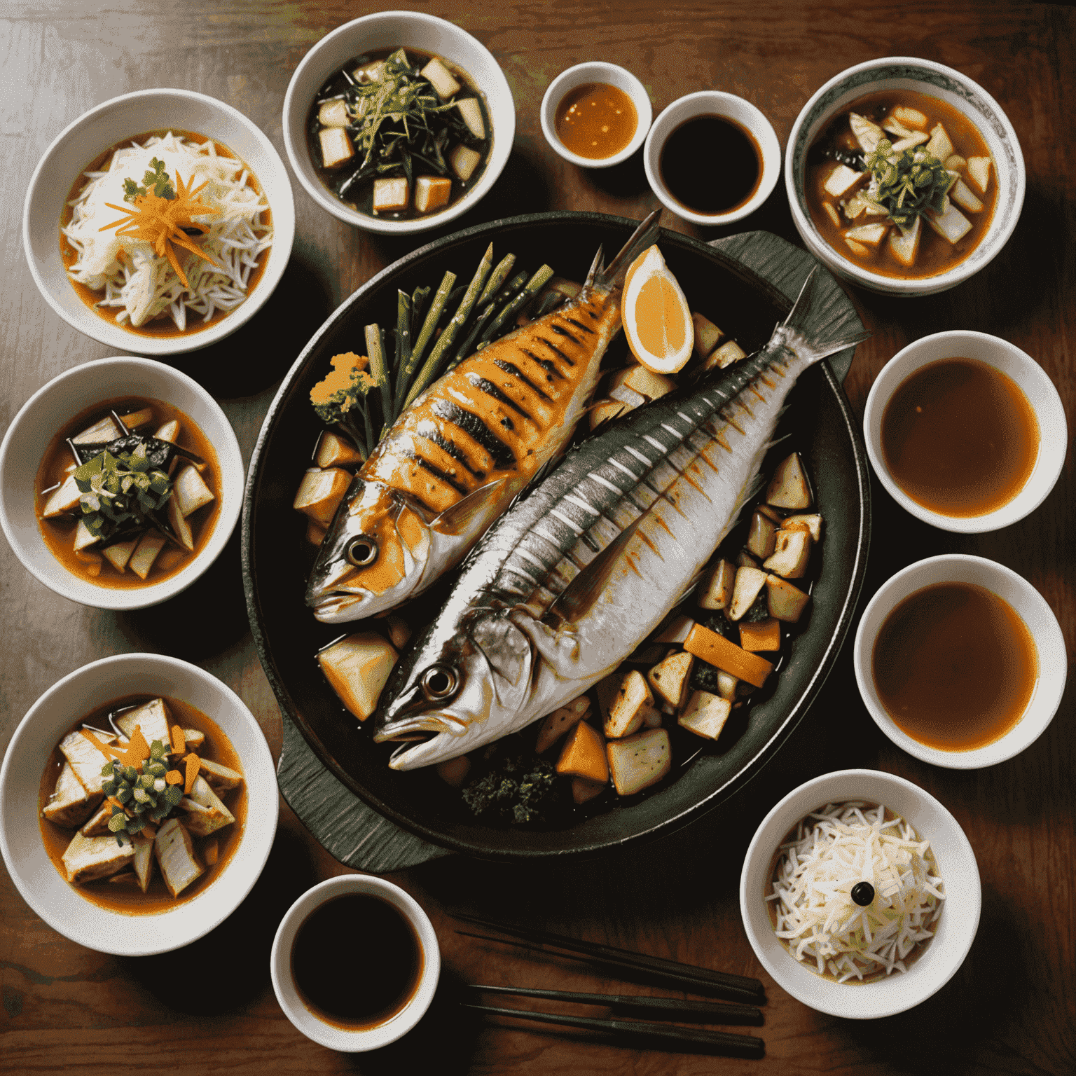 焼き魚の定食。焼きたての鯖と、季節の野菜の煮物、味噌汁が添えられている。