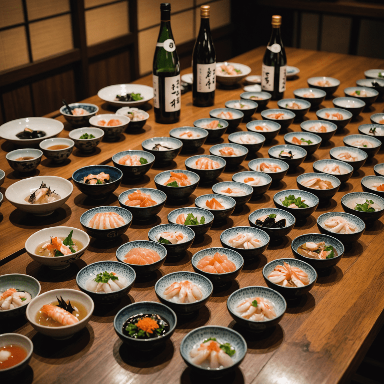 日本酒の試飲セッション。様々な種類の日本酒と、それに合わせた海鮮料理が並んでいる。