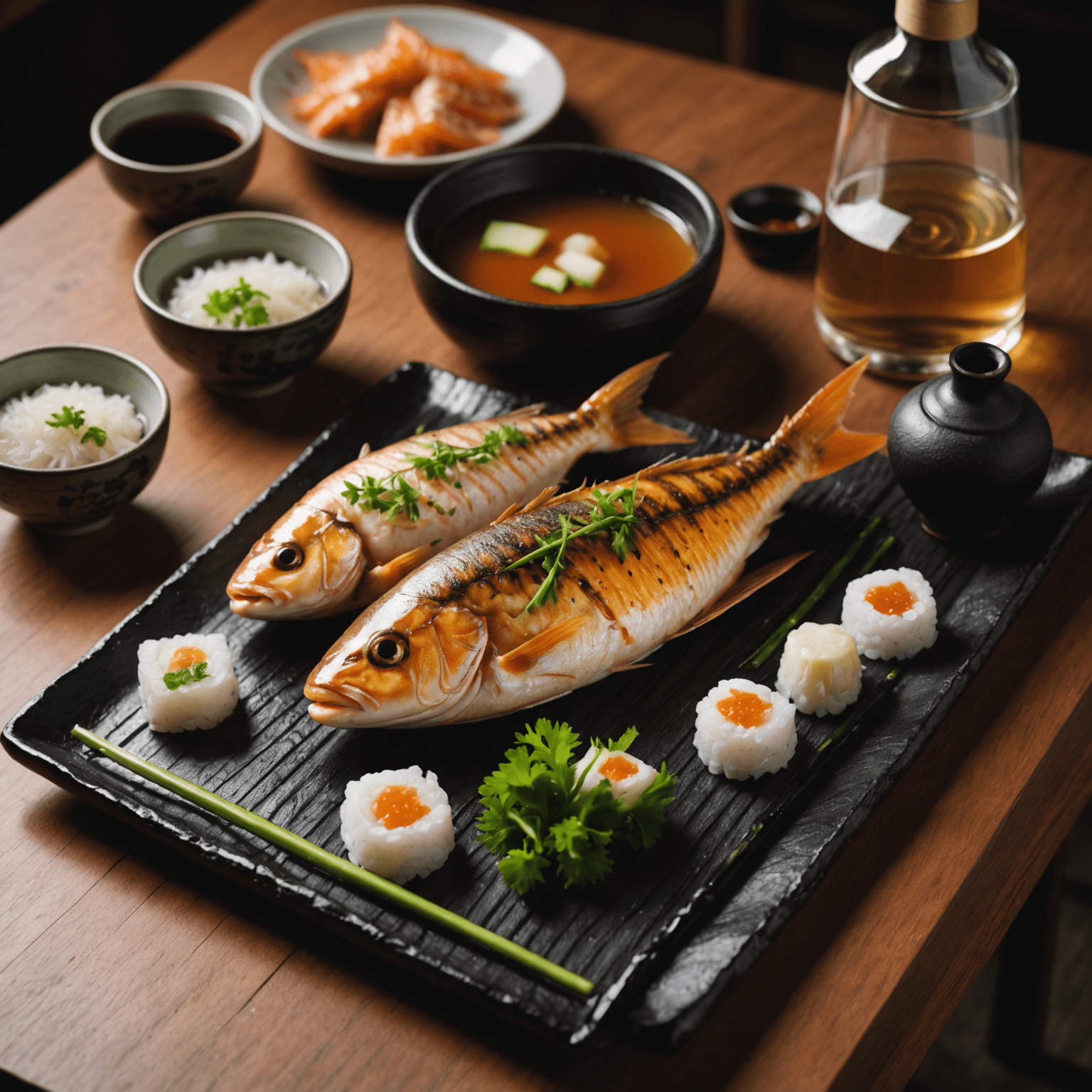 焼き魚と日本酒のペアリング。香ばしく焼かれた魚と、それに合わせた日本酒が並べられている。