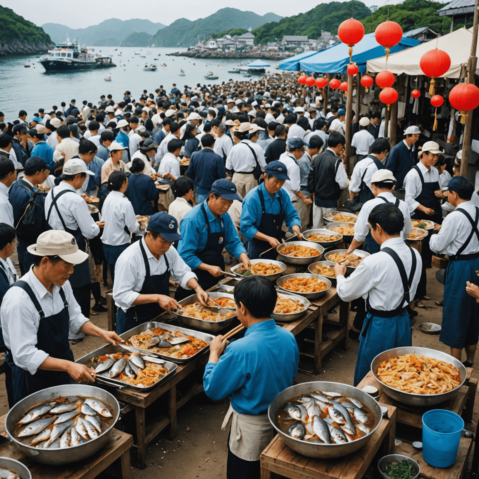 五島列島鯛祭りの様子。大きな鯛が飾られた祭りの会場で、多くの人々が鯛料理を楽しんでいる