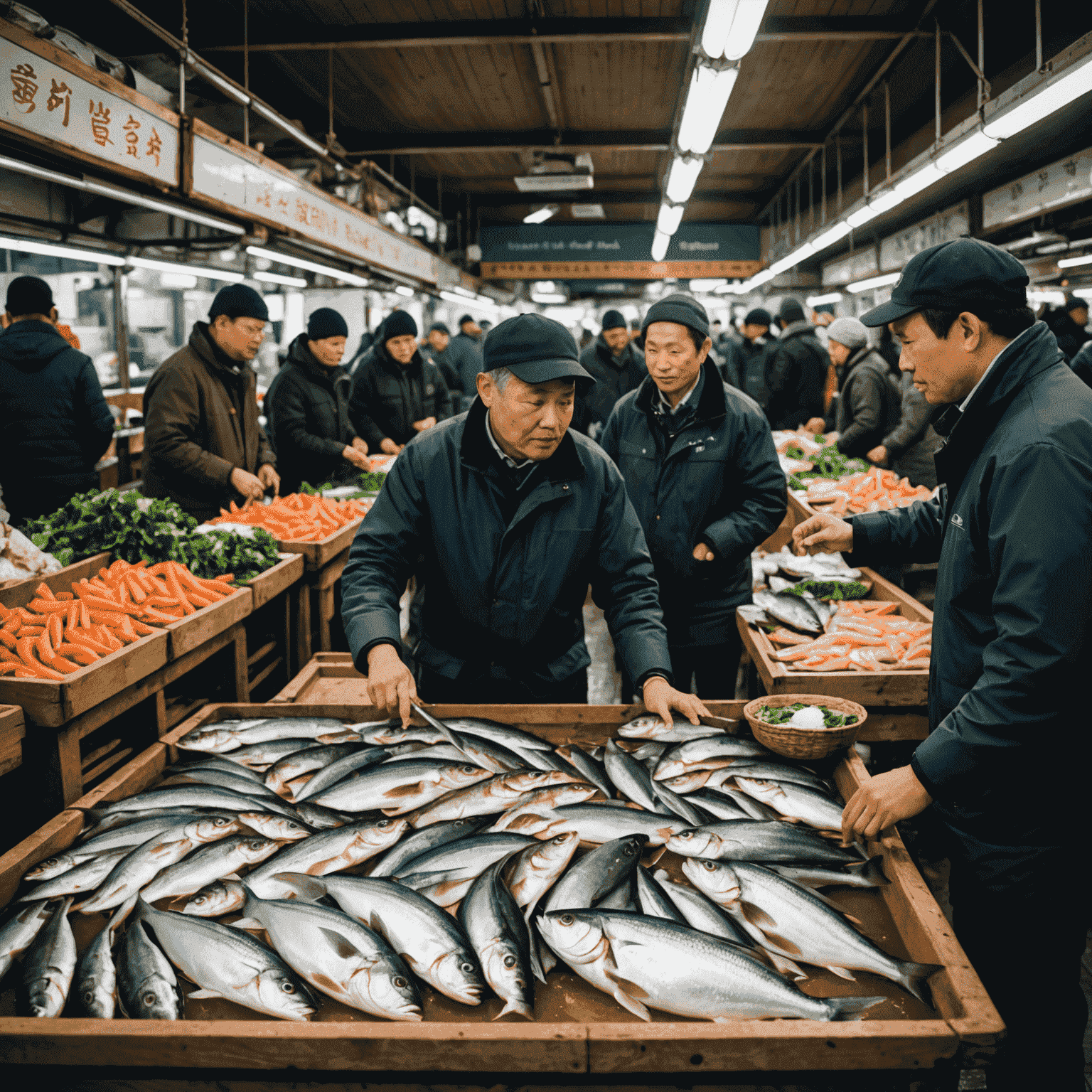 活気のある魚市場ツアー。新鮮な魚や海産物が並び、ガイドが説明している様子。