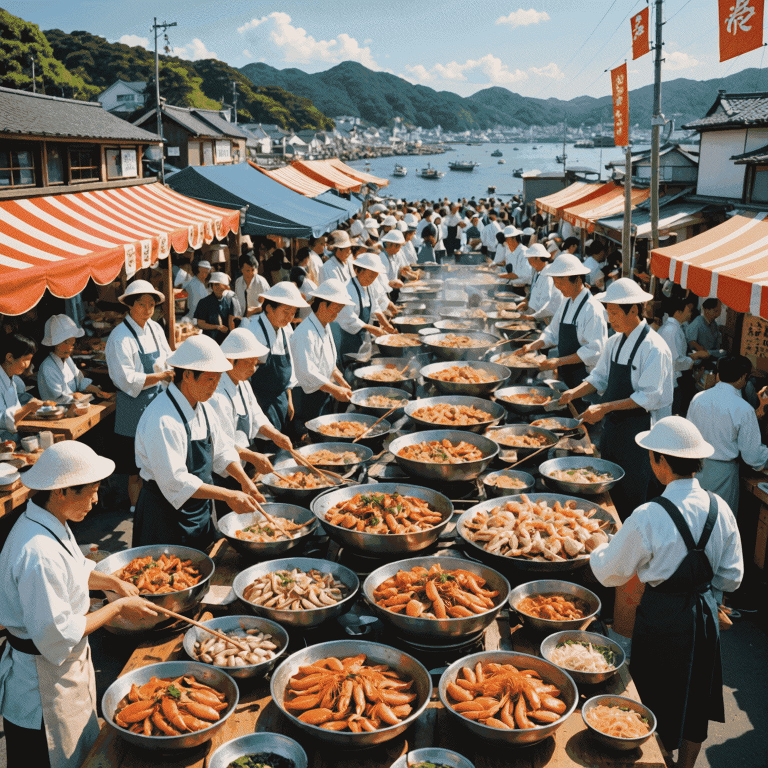 日本の海辺で開催される魚介類フェスティバルの賑やかな様子。屋台や調理デモンストレーションが行われている。